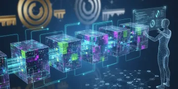 Stylized graphic illustrating blockchain core concepts with interconnected digital blocks, data flow, and cryptographic elements, symbolizing skill development in future tech.