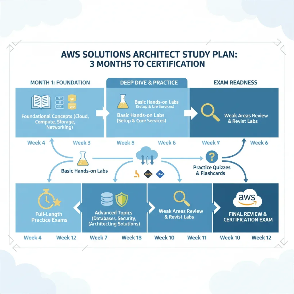 Infographic showing a 3-month AWS certification study plan breakdown
