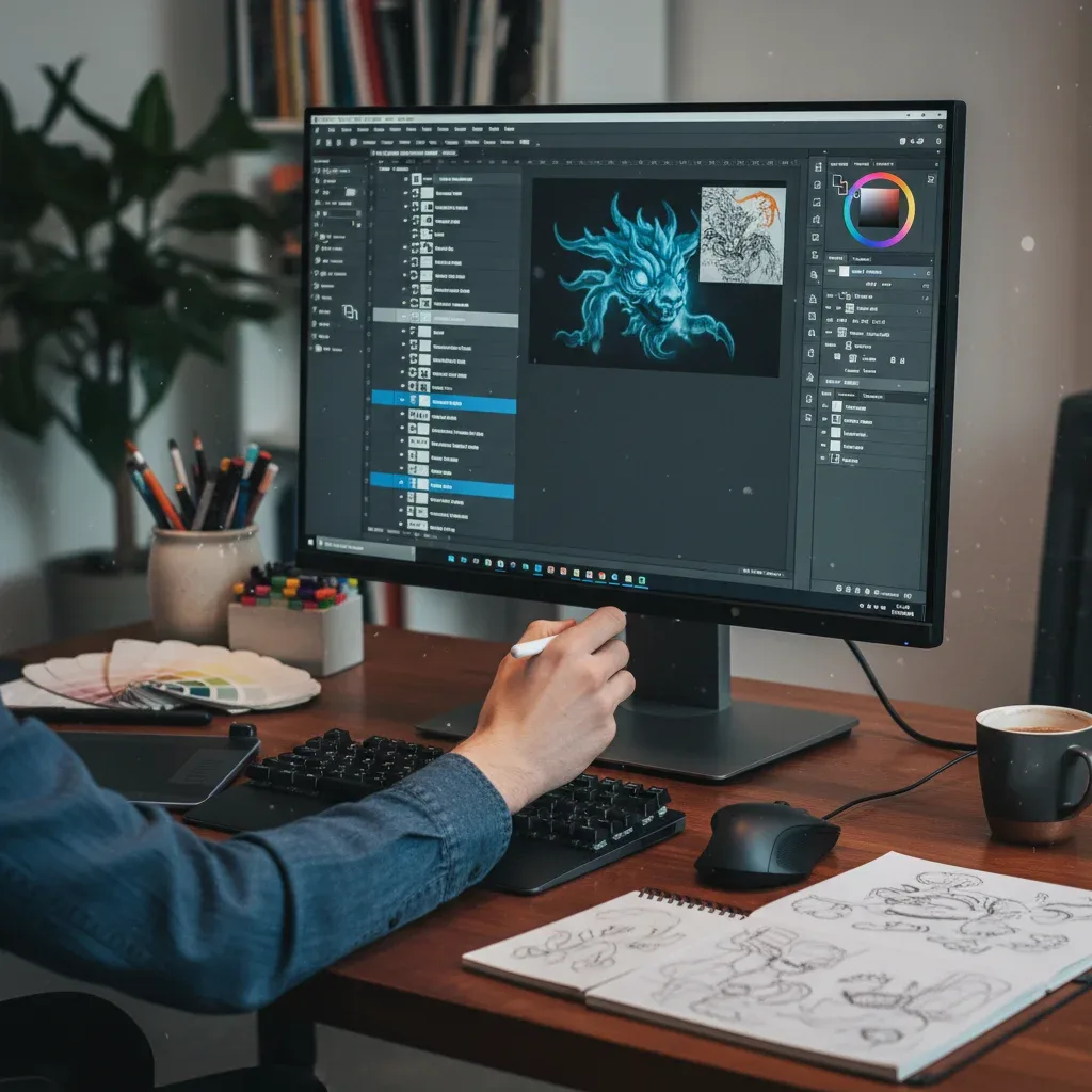 Hand expertly using Adobe Photoshop interface on a monitor, showcasing graphic design skills.