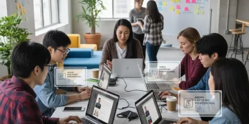 Professionals collaborating on Adobe Creative Cloud projects, displaying digital design expertise.