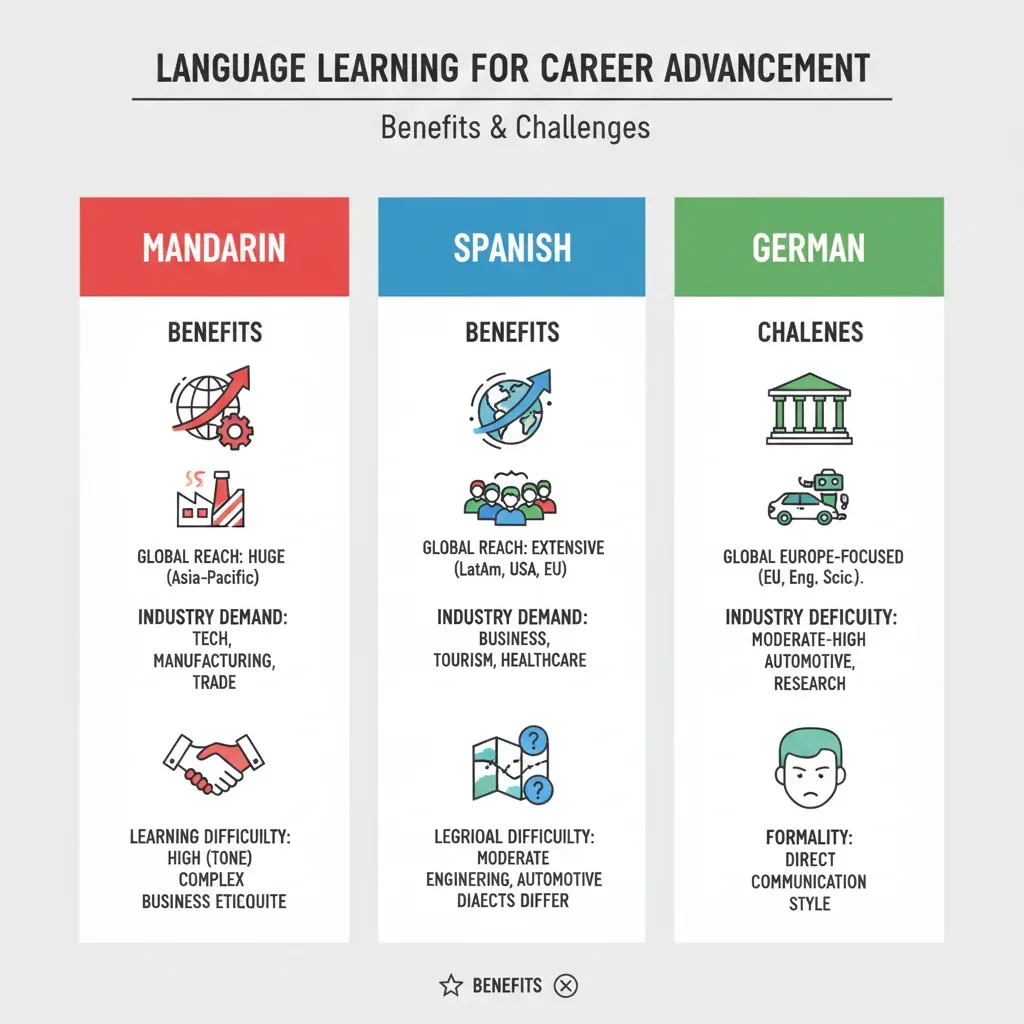 Infographic comparing Mandarin, Spanish, German for career advancement benefits