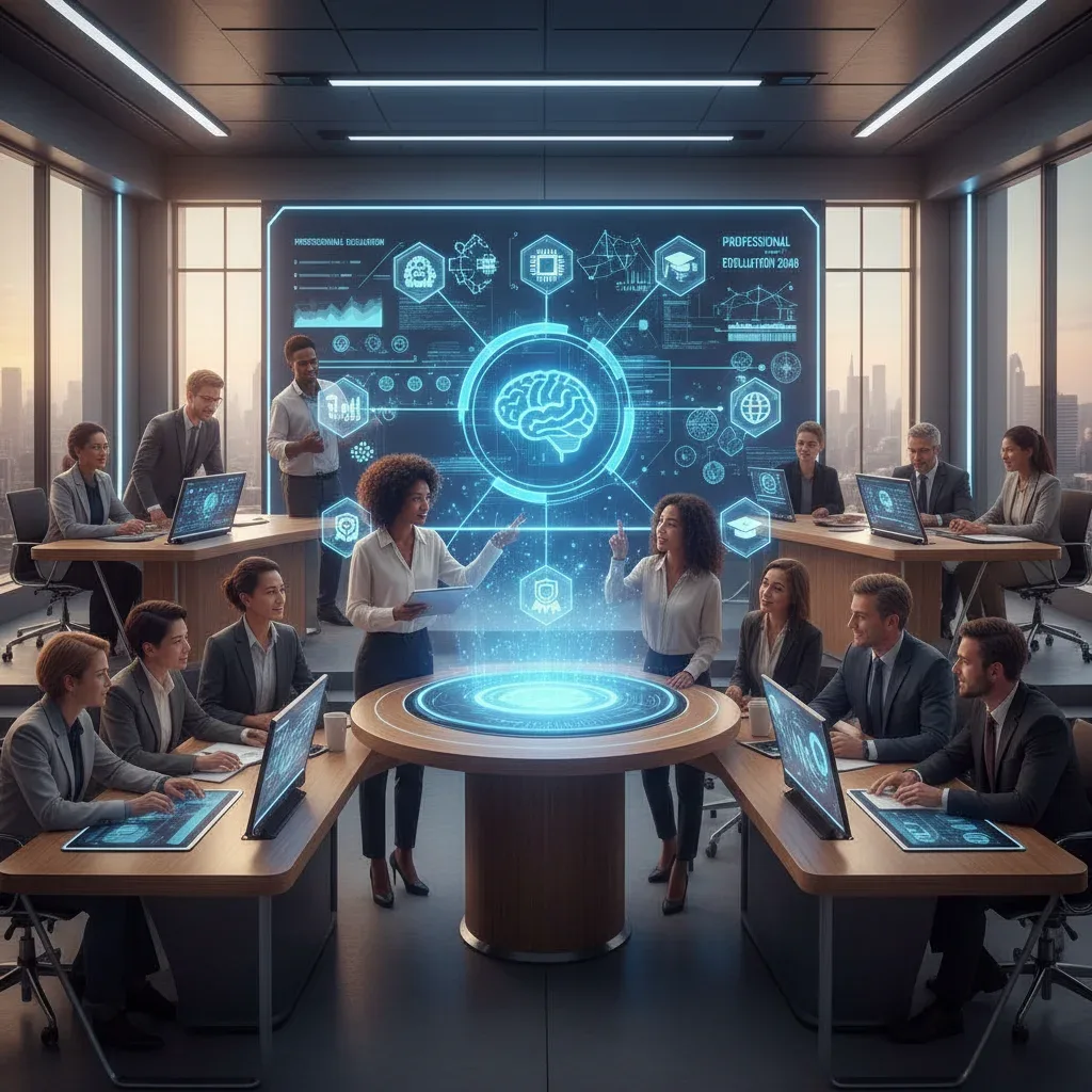 Professionals learning about AI and future certifications in a modern setting