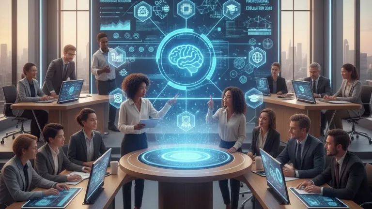 Professionals learning about AI and future certifications in a modern setting