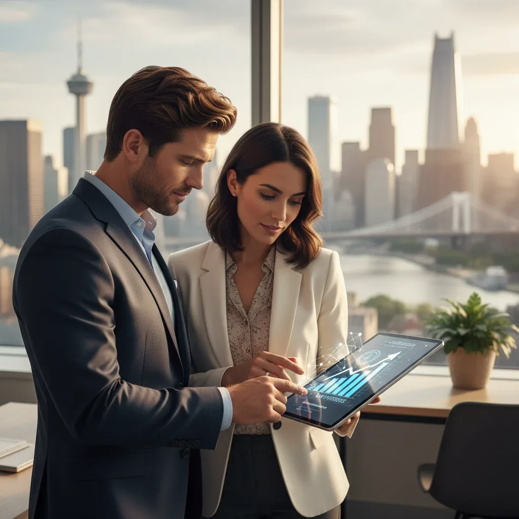 Professionals collaborating on a tablet in a modern office, symbolizing career growth.