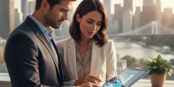 Professionals collaborating on a tablet in a modern office, symbolizing career growth.