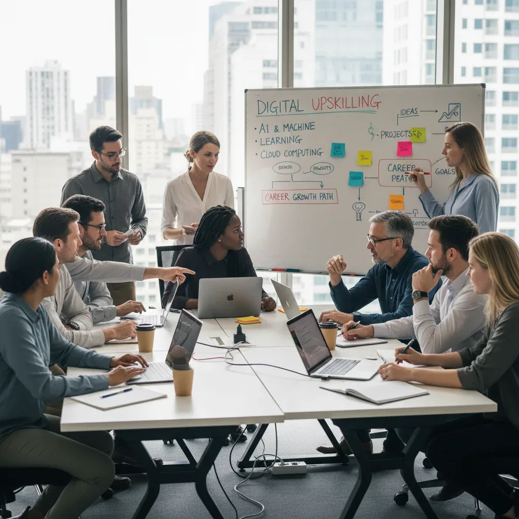 Diverse professionals collaborating in a digital skills workshop for career reskilling