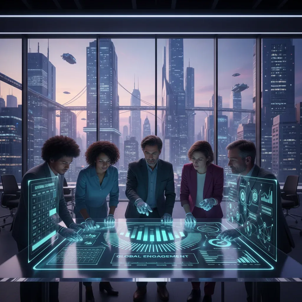 Futuristic content strategists collaborating with AI tools and data analytics on digital platforms.