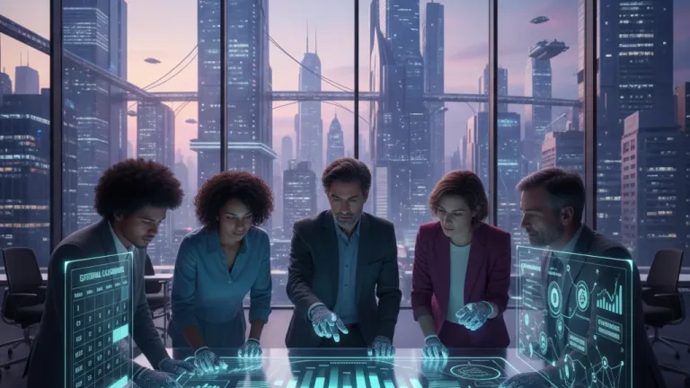 Futuristic content strategists collaborating with AI tools and data analytics on digital platforms.