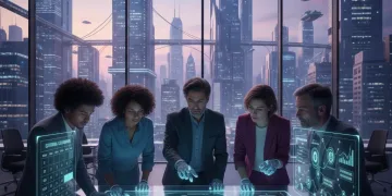 Futuristic content strategists collaborating with AI tools and data analytics on digital platforms.