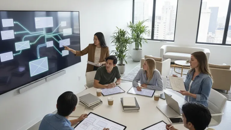 UX design team collaborating on wireframes and user flows for digital product development.