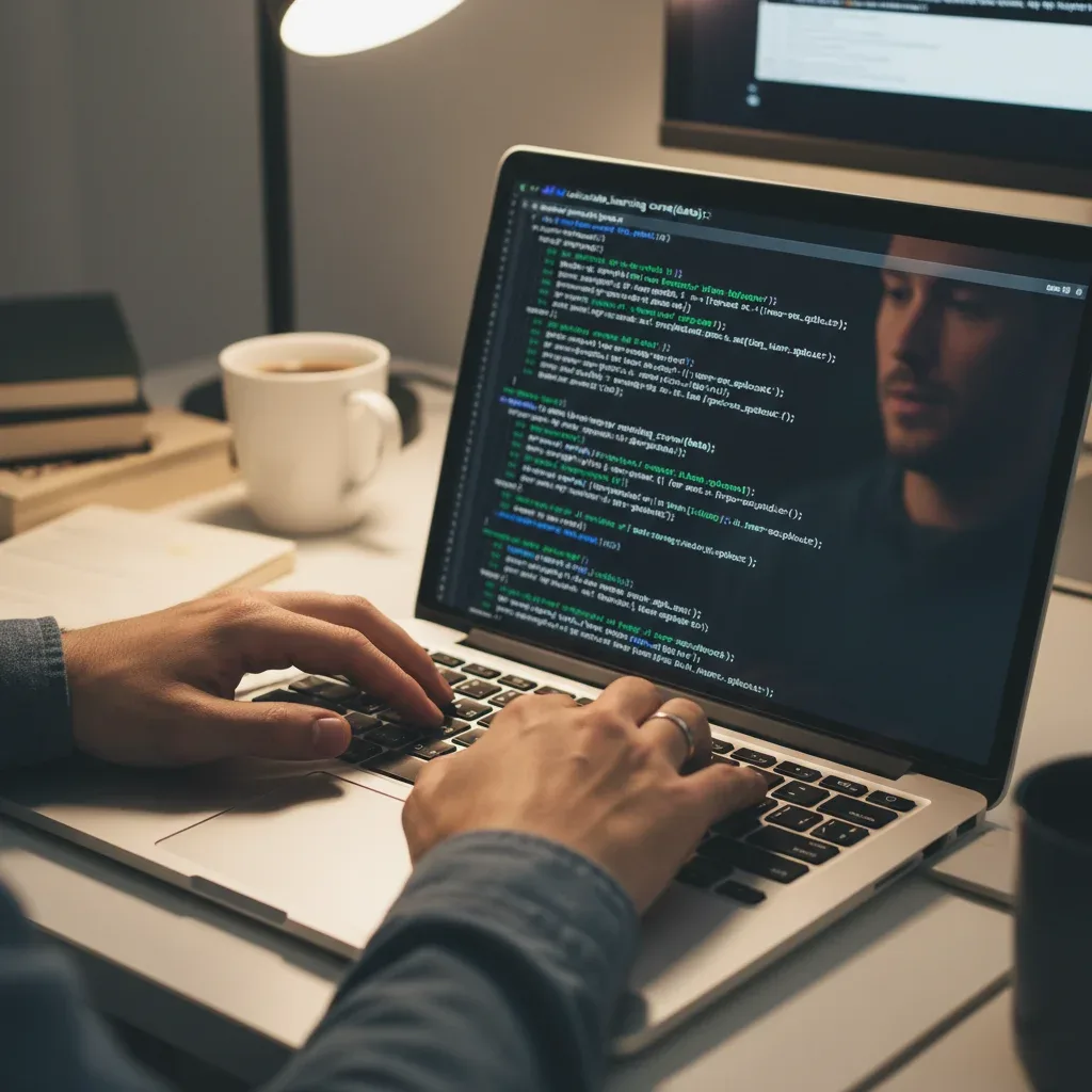Hands typing code on a laptop, symbolizing programming and tech skill development.