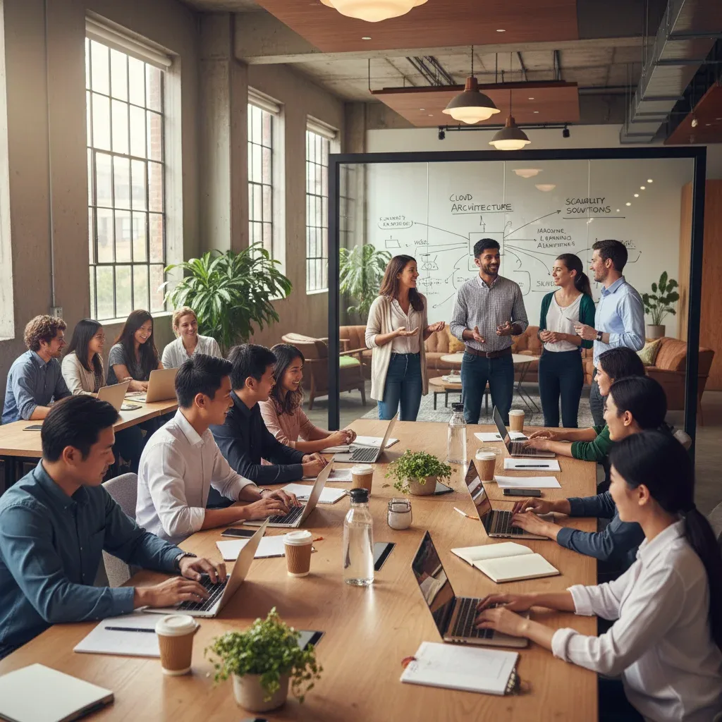 Professionals learning in-demand skills for quick careers in a modern co-working space.
