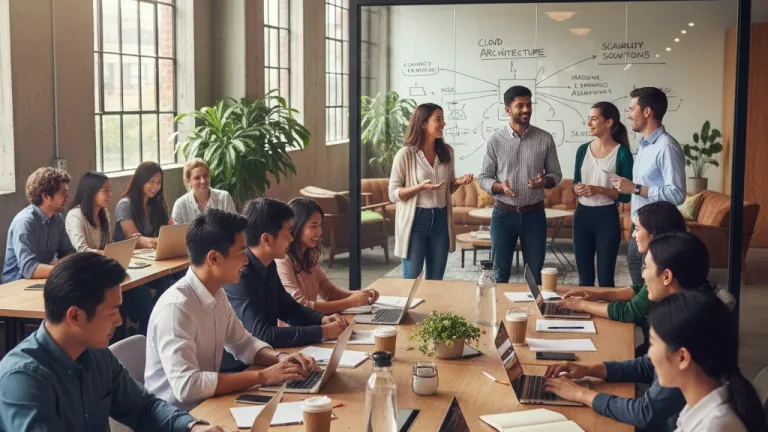 Professionals learning in-demand skills for quick careers in a modern co-working space.
