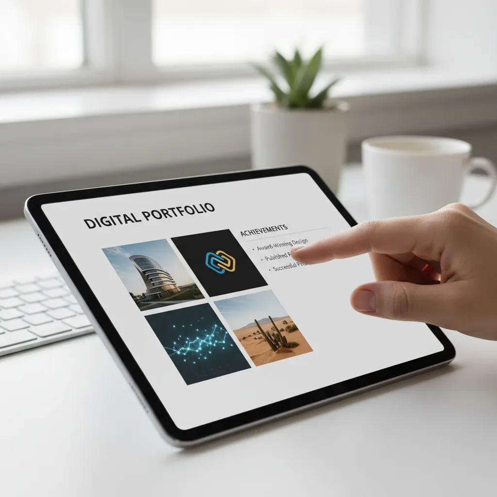 Hand interacting with a tablet showcasing a digital portfolio.