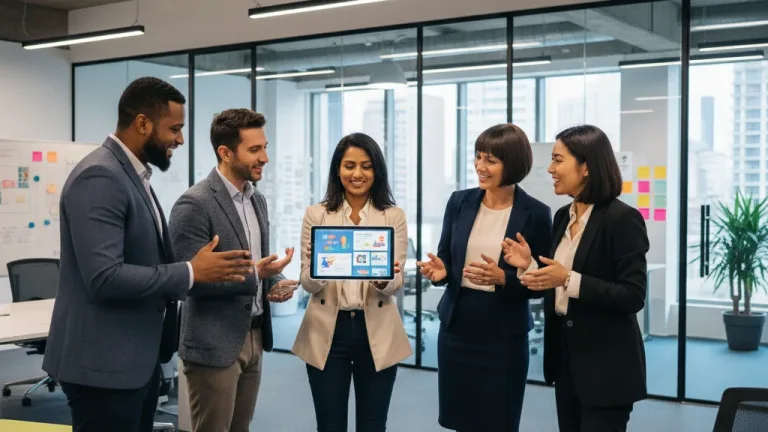 Professionals collaborating around a digital portfolio, symbolizing career advancement.