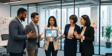 Professionals collaborating around a digital portfolio, symbolizing career advancement.