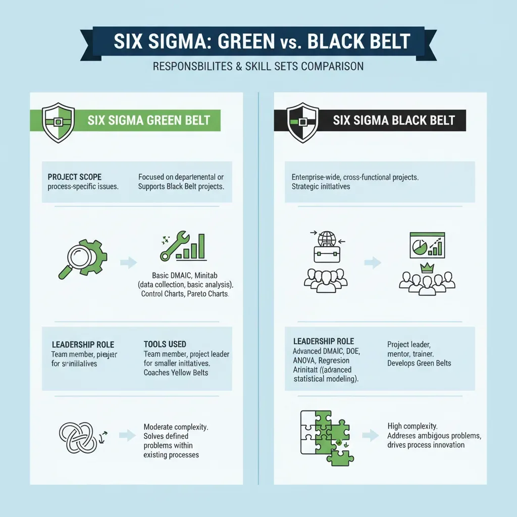 Comparison of Green Belt and Black Belt roles and responsibilities in Six Sigma