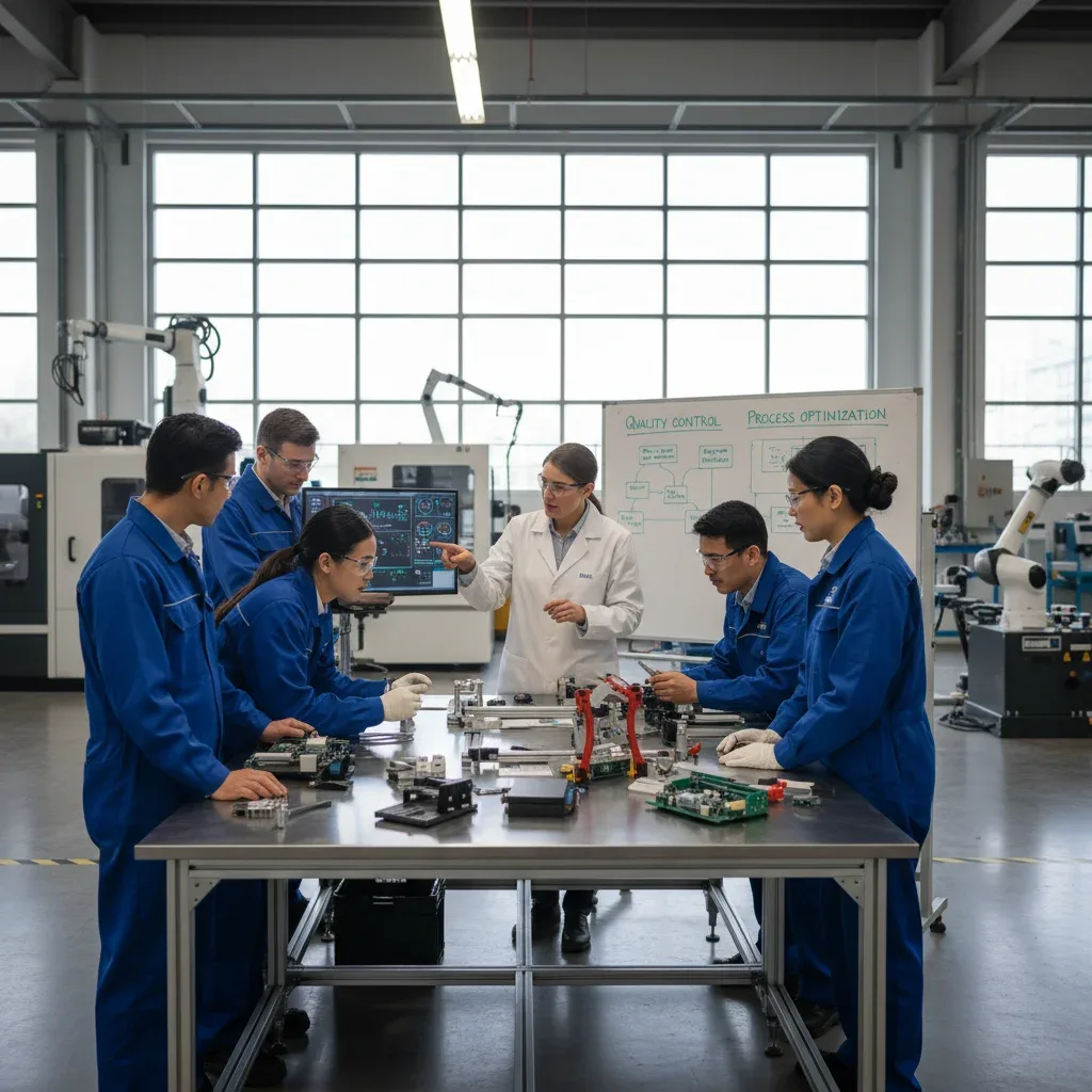 Diverse manufacturing professionals in quality control training session