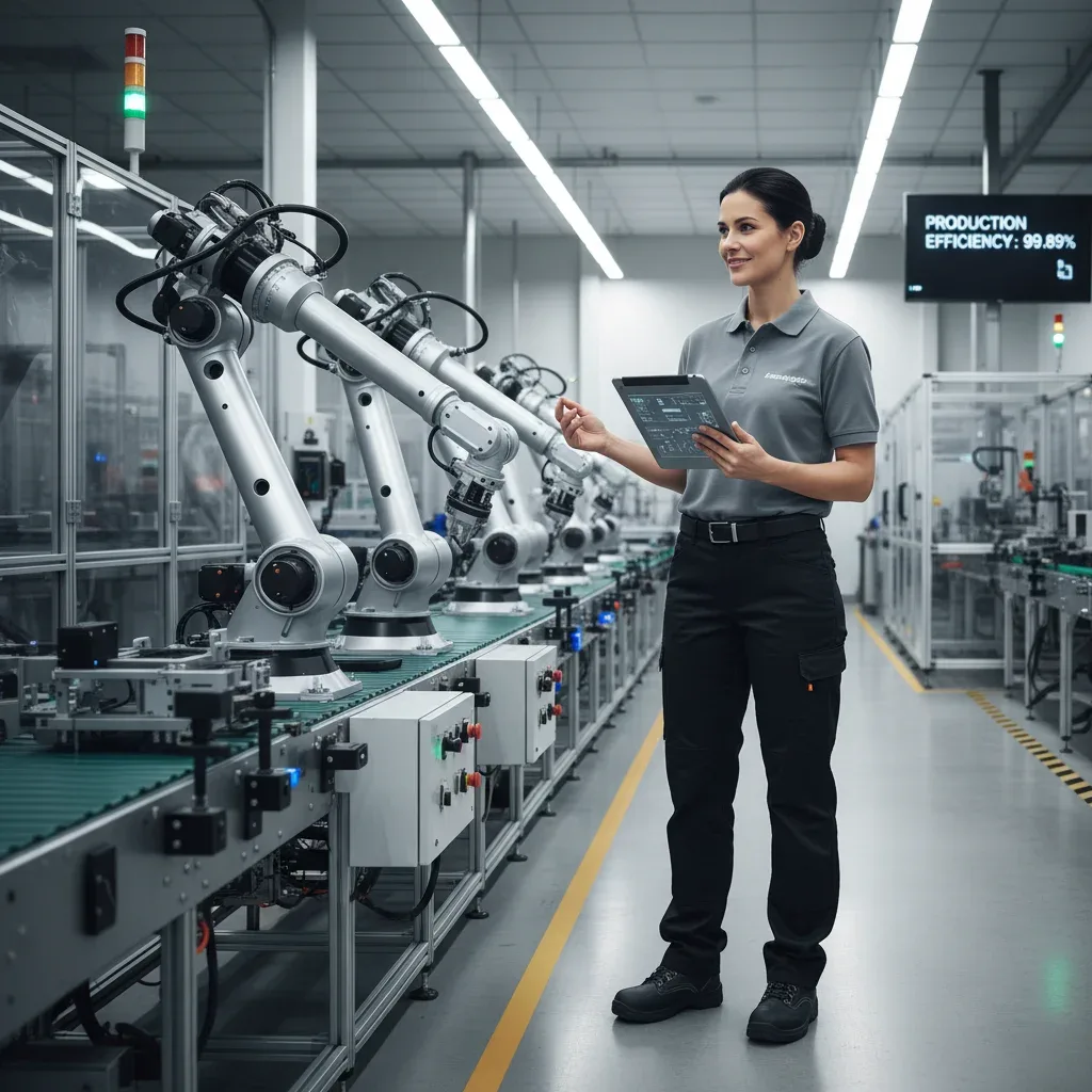 Manufacturing engineer overseeing automated production line with tablet