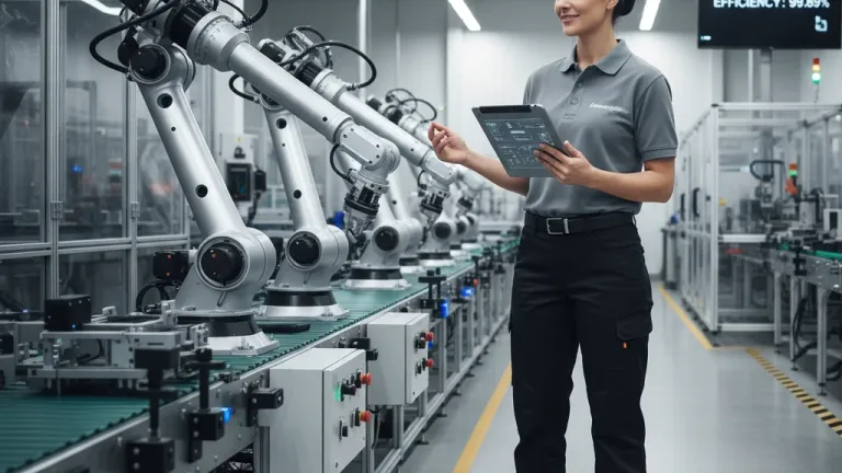 Manufacturing engineer overseeing automated production line with tablet