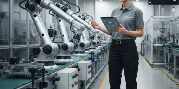 Manufacturing engineer overseeing automated production line with tablet