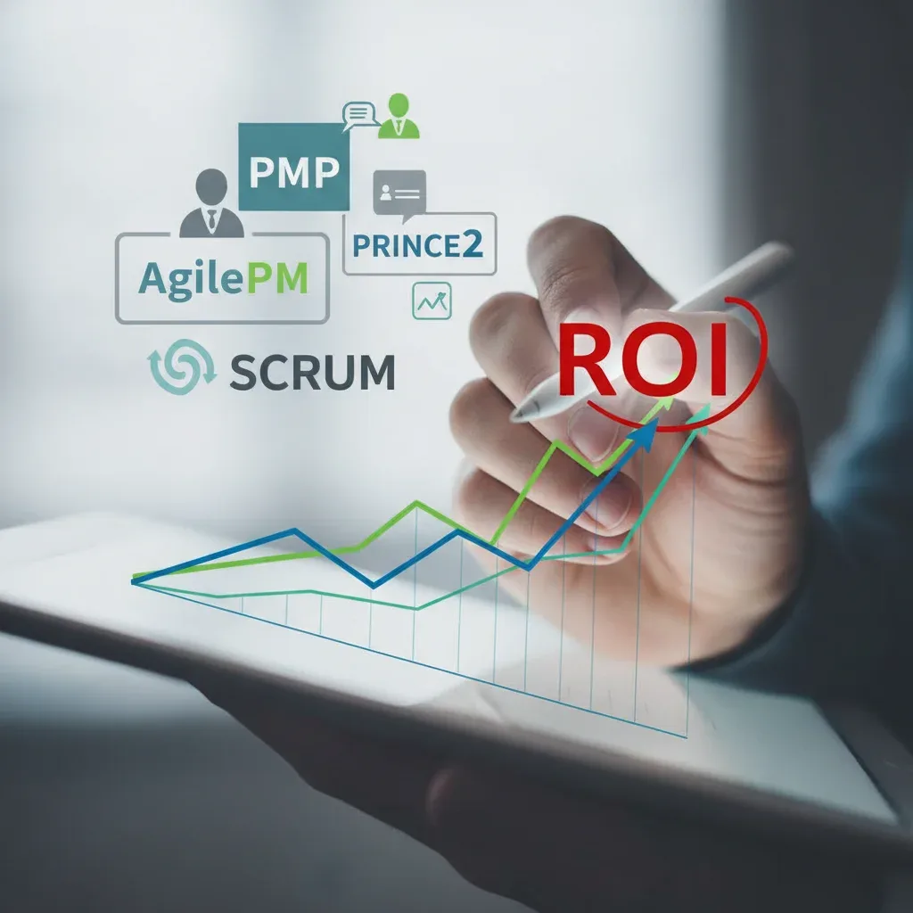 Hand pointing to ROI on a graph with certification logos