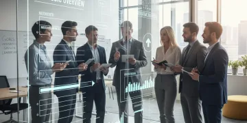 Professionals collaborating on project plans in a modern office