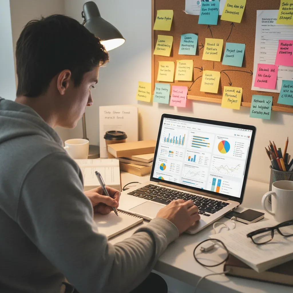 Individual analyzing data for strategic career planning and skill development.