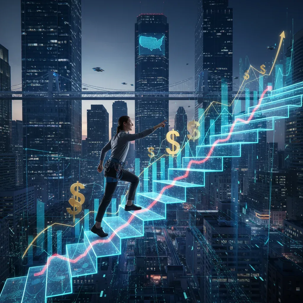 Professional ascending a staircase of market trends, symbolizing rapid career advancement.