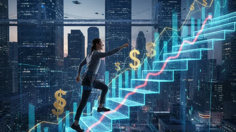 Professional ascending a staircase of market trends, symbolizing rapid career advancement.