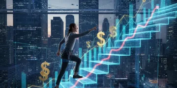 Professional ascending a staircase of market trends, symbolizing rapid career advancement.