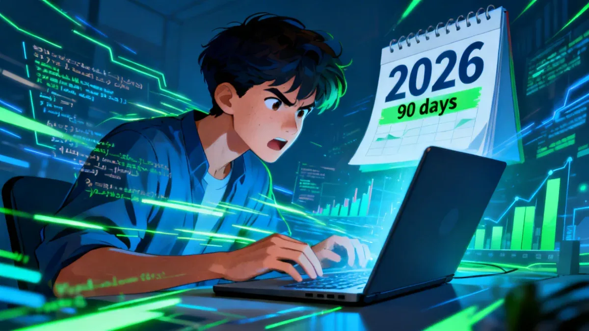 Novice coder achieving expert status in 90 days by 2026, focused on laptop with code.