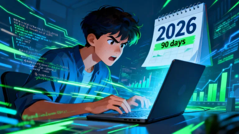 Novice coder achieving expert status in 90 days by 2026, focused on laptop with code.