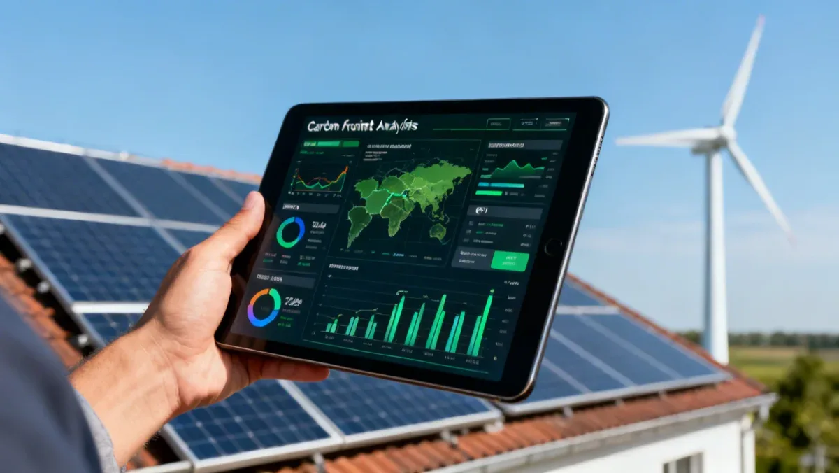Data visualization of carbon footprint analysis on a tablet, with renewable energy background.