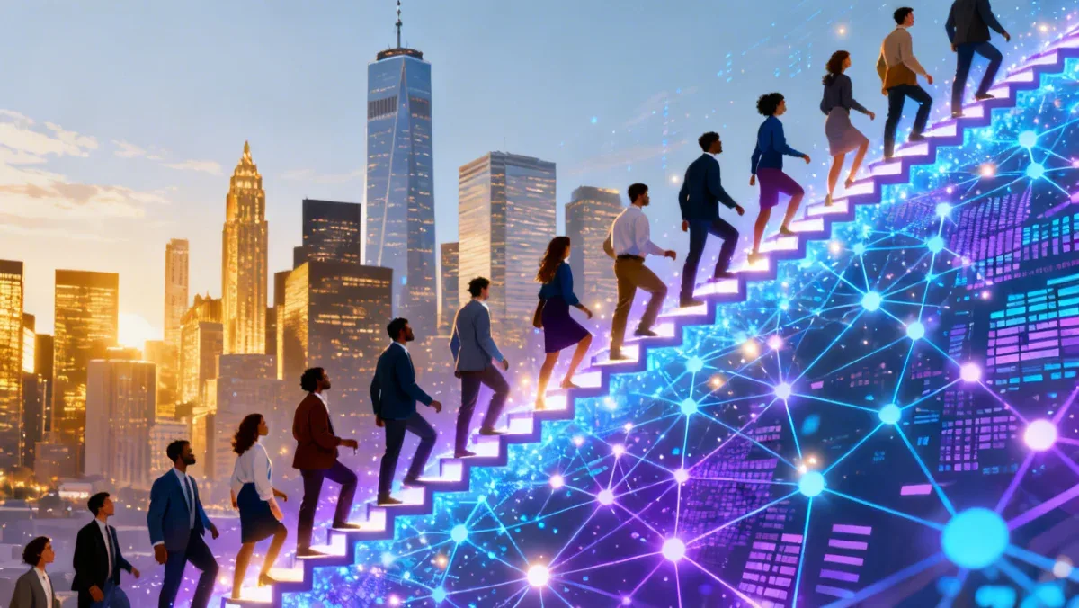 Professionals climbing a futuristic corporate ladder in a dynamic urban setting
