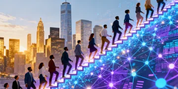 Professionals climbing a futuristic corporate ladder in a dynamic urban setting