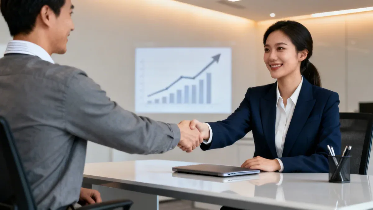 Professional woman successfully negotiating salary in a modern office setting.