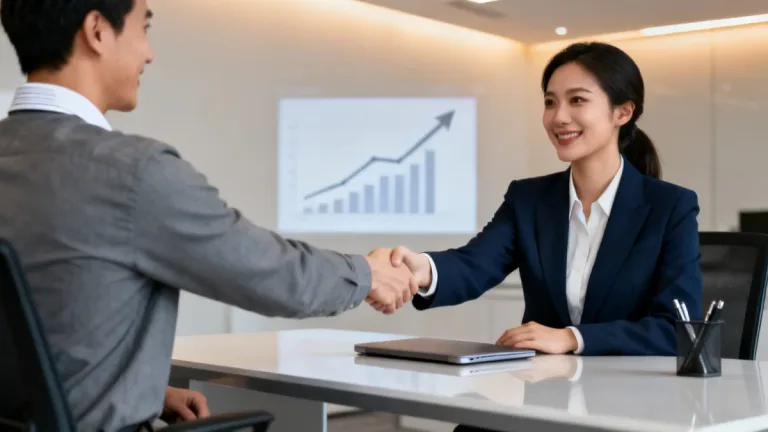 Professional woman successfully negotiating salary in a modern office setting.