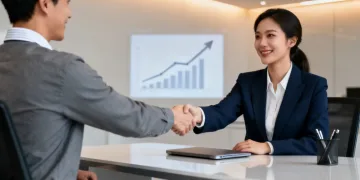 Professional woman successfully negotiating salary in a modern office setting.