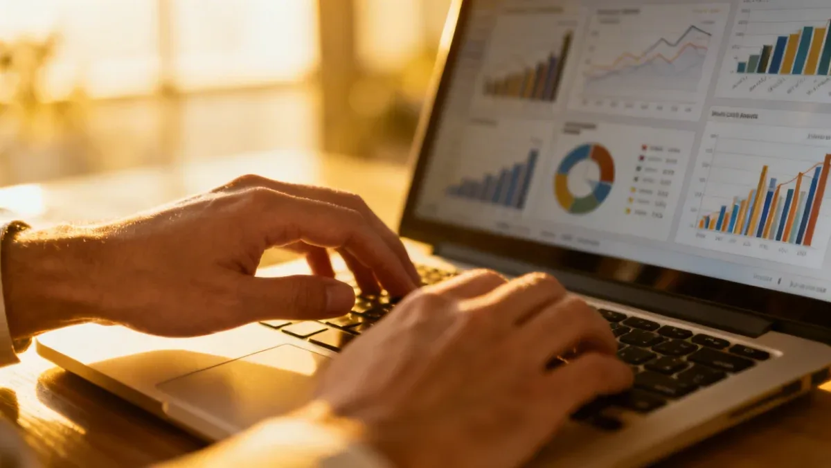 Hands typing, analyzing career data on a laptop