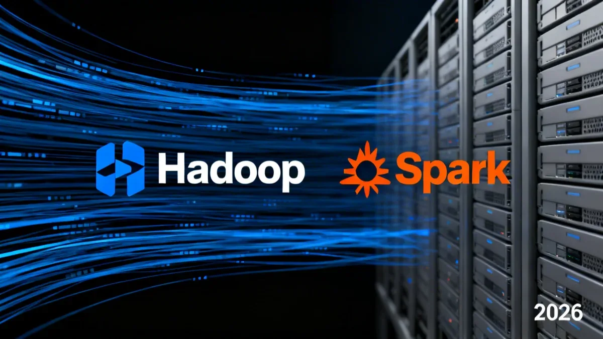 Comparison of Hadoop and Spark logos against a backdrop of flowing data streams and server infrastructure, symbolizing big data processing in 2026.
