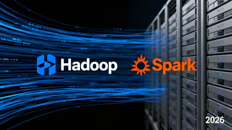 Comparison of Hadoop and Spark logos against a backdrop of flowing data streams and server infrastructure, symbolizing big data processing in 2026.