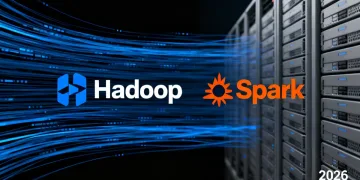 Comparison of Hadoop and Spark logos against a backdrop of flowing data streams and server infrastructure, symbolizing big data processing in 2026.
