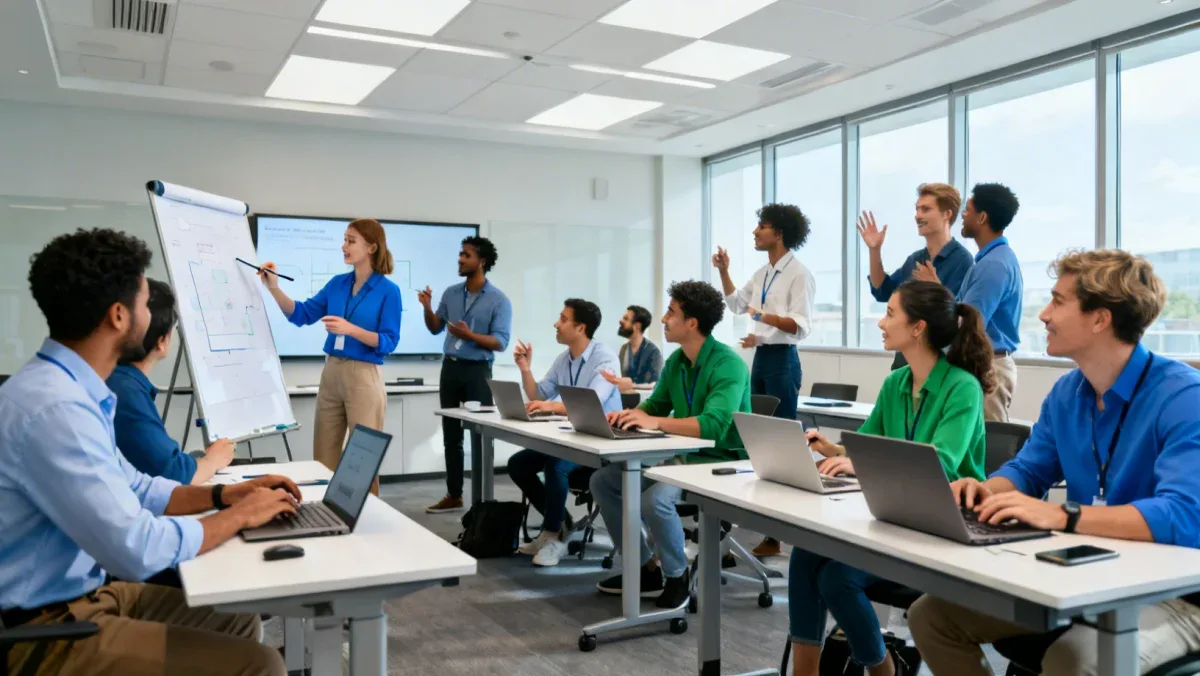 Professionals learning in a dynamic training session with laptops and whiteboards