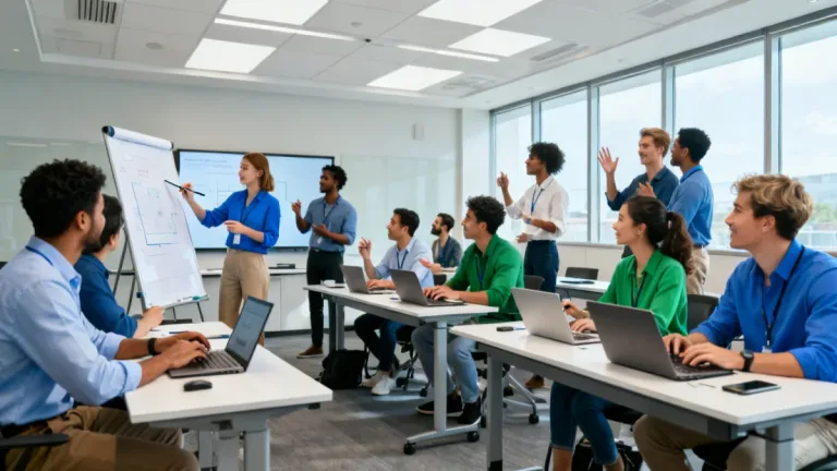 Professionals learning in a dynamic training session with laptops and whiteboards