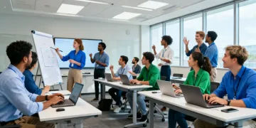 Professionals learning in a dynamic training session with laptops and whiteboards