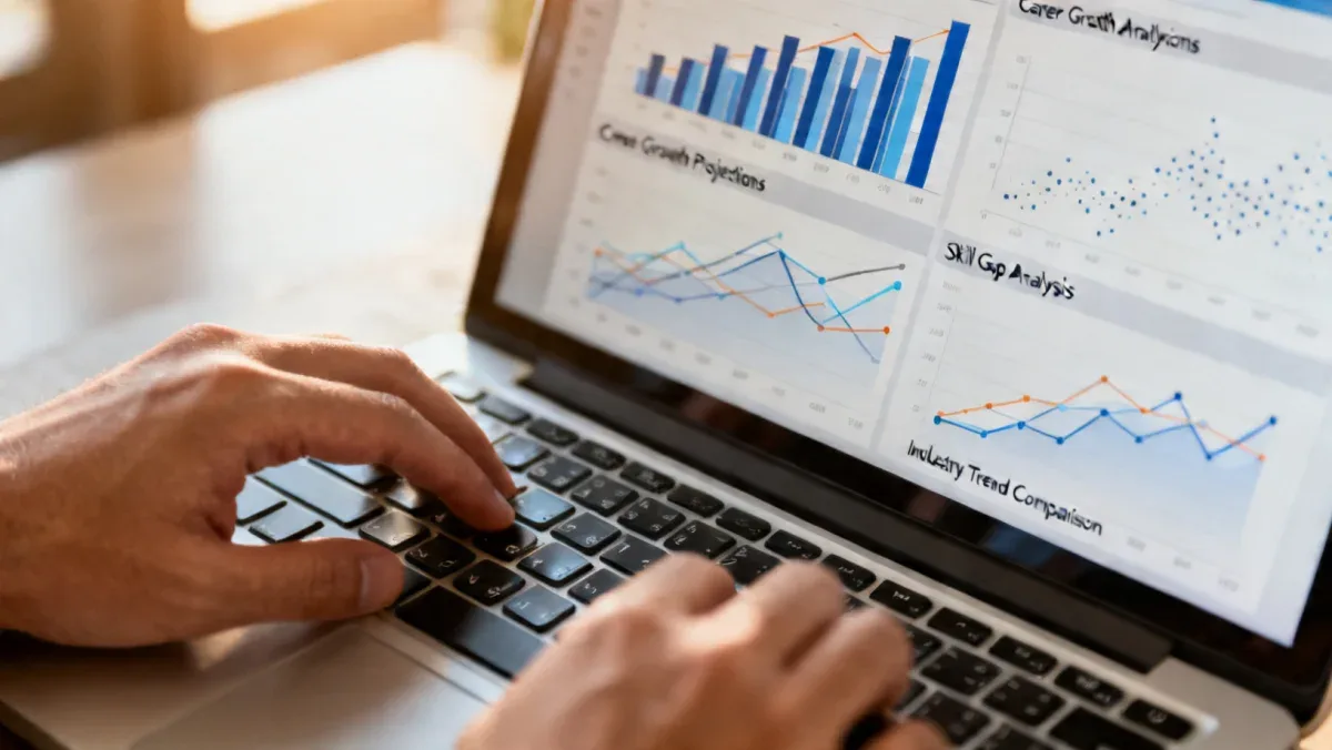Hands typing, analyzing career data on laptop