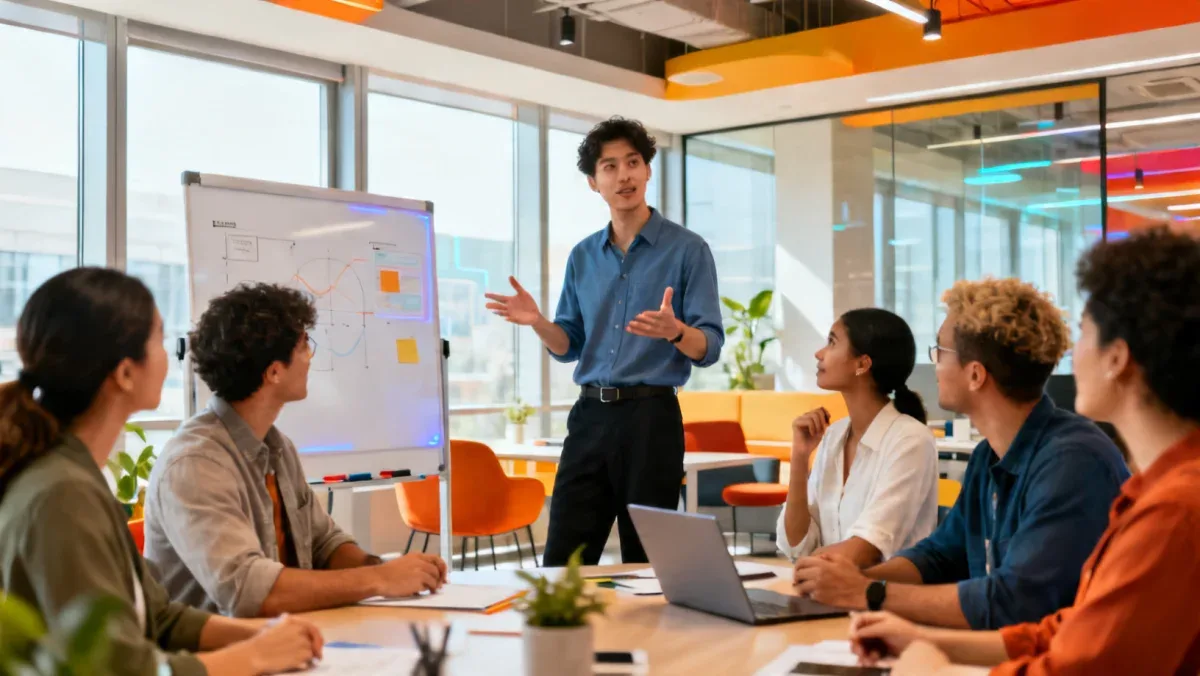 Professionals collaborating and one person presenting ideas, symbolizing effective persuasion and stakeholder influence in a modern office.