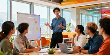 Professionals collaborating and one person presenting ideas, symbolizing effective persuasion and stakeholder influence in a modern office.
