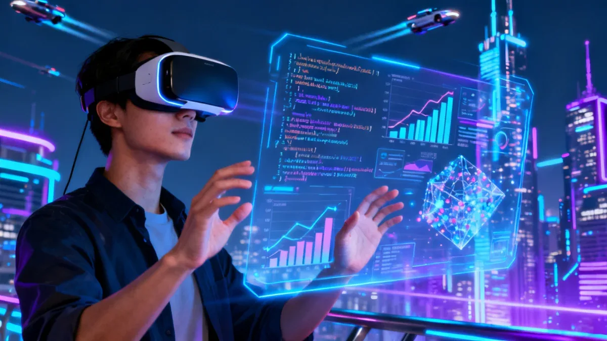 Person using VR headset with holographic data, symbolizing technological innovation and digital skill acquisition.
